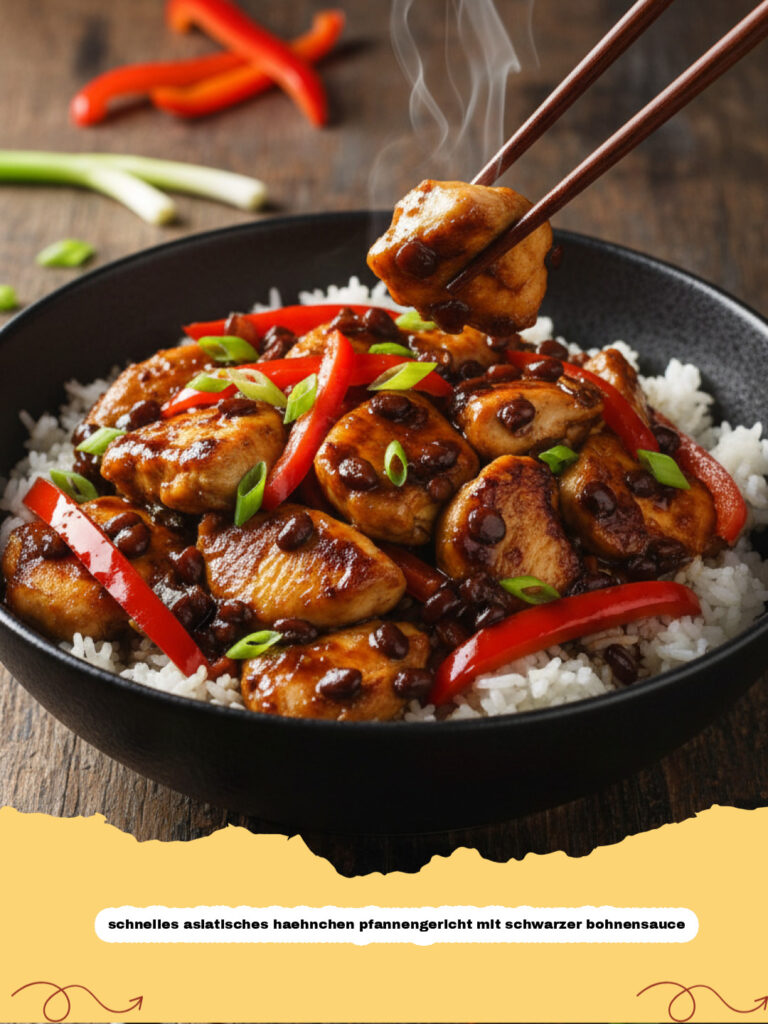 schnelles asiatisches haehnchen pfannengericht mit schwarzer bohnensauce - Ein appetitliches schnelles asiatisches Hähnchen Pfannengericht mit Schwarzer Bohnensauce in einer großen Pfanne, umgeben von frischen Zutaten.