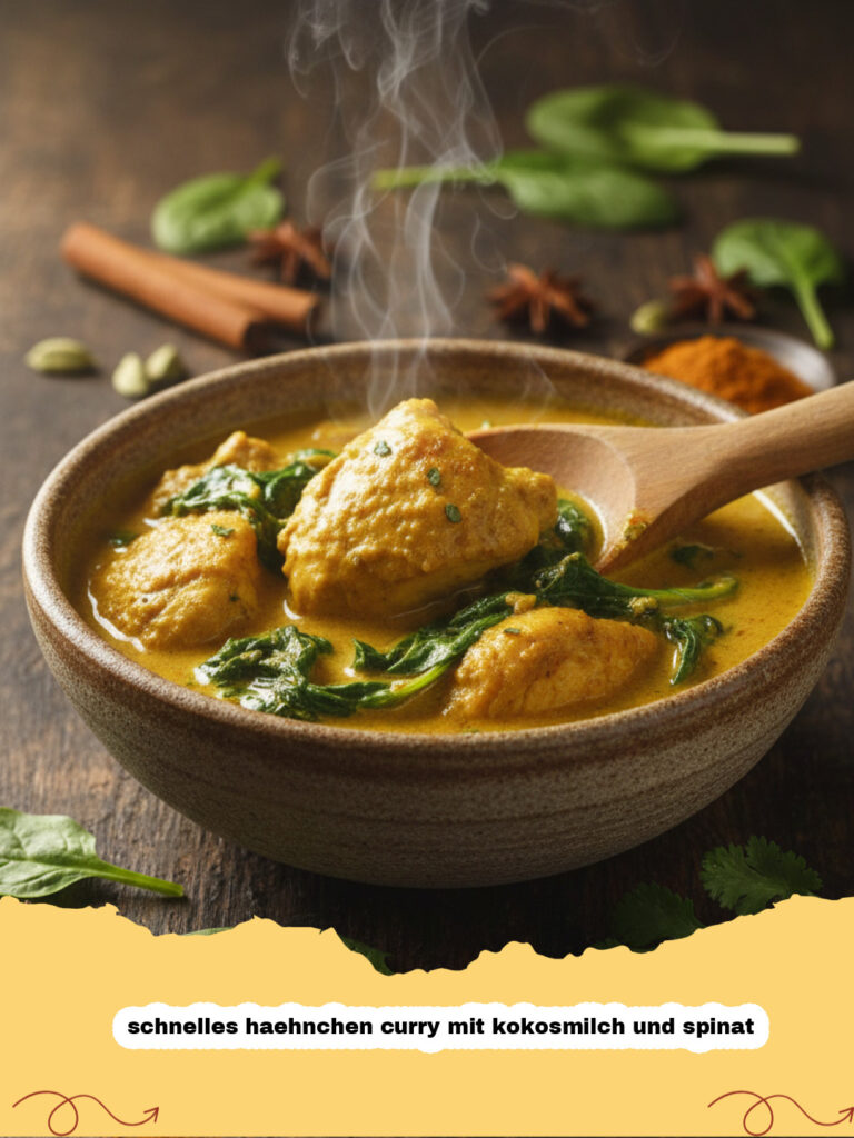 schnelles haehnchen curry mit kokosmilch und spinat - Ein Teller mit cremigem schnellem Hähnchen Curry mit Kokosmilch und Spinat, garniert mit Koriander, daneben eine Schale Reis.