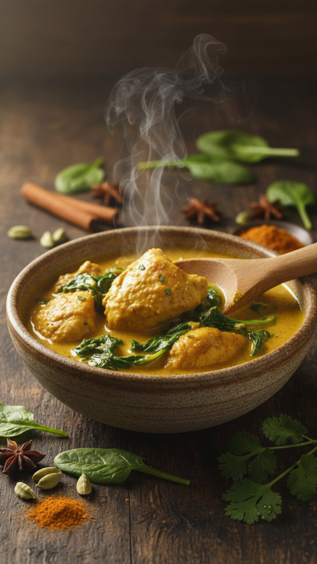 Schnelles Hähnchen Curry mit Kokosmilch und Spinat Preparation