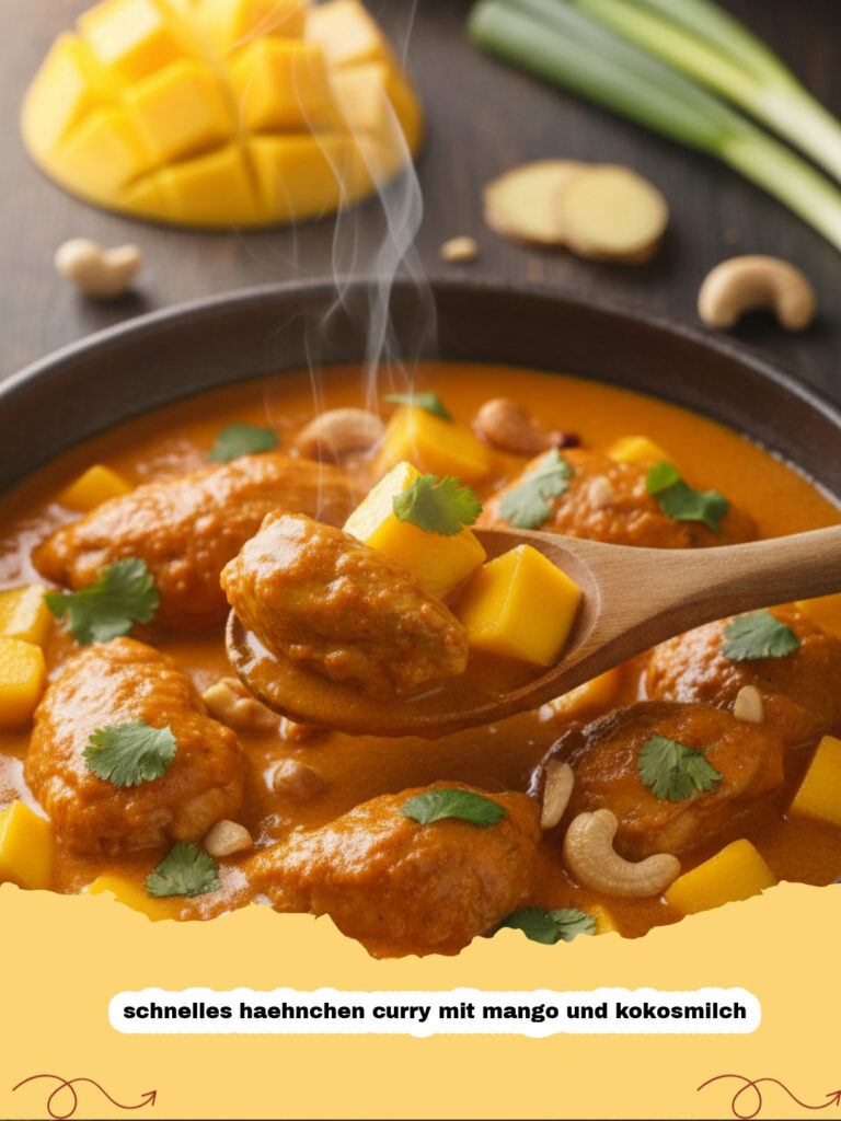 schnelles haehnchen curry mit mango und kokosmilch - Ein Teller mit cremigem, schnellem Hähnchen Curry mit Mango und Kokosmilch, garniert mit Koriander und Cashewkernen, dazu Reis.