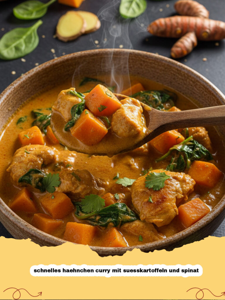 schnelles haehnchen curry mit suesskartoffeln und spinat - Schüssel mit cremigem Hähnchen Curry mit Süßkartoffeln und Spinat, garniert mit frischem Koriander