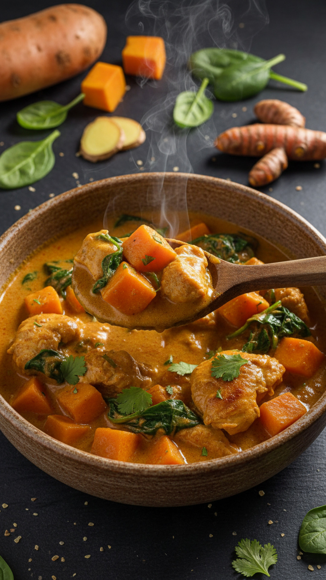 Schnelles Hähnchen Curry mit Süßkartoffeln und Spinat Preparation