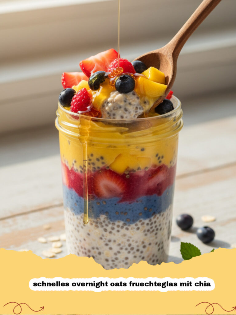 schnelles overnight oats fruechteglas mit chia - Ein appetitlich angerichtetes schnelles Overnight Oats Früchteglas mit Chia, gefüllt mit Haferflocken, Beeren und Chiasamen, bereit zum Genießen.