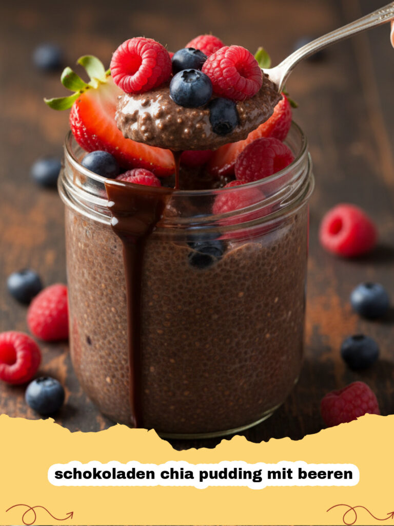 schokoladen chia pudding mit beeren - Cremiger Schokoladen Chia Pudding mit frischen Beeren in einem Glas