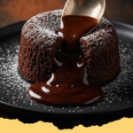 schokoladen lava kuchen mit fluessigem kern - Ein angeschnittener Schokoladen Lava Kuchen mit flüssigem Schokoladenkern, serviert mit frischen Himbeeren und Puderzucker auf einem Teller.