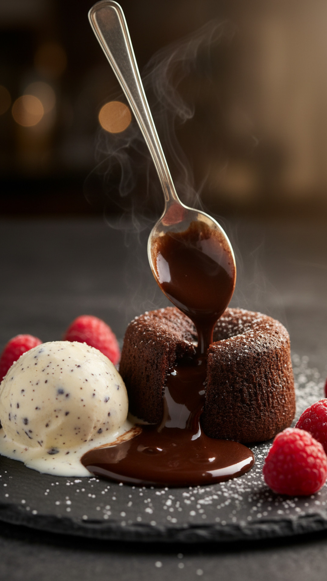 Schokoladen Lava Kuchen mit Himbeeren und Vanilleeis Preparation