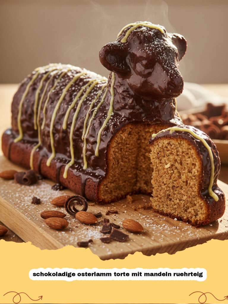 schokoladige osterlamm torte mit mandeln ruehrteig - Schokoladige Osterlamm Torte mit Mandeln Rührteig, glasiert und mit Puderzucker bestäubt, auf einer Ostertafel dekoriert.