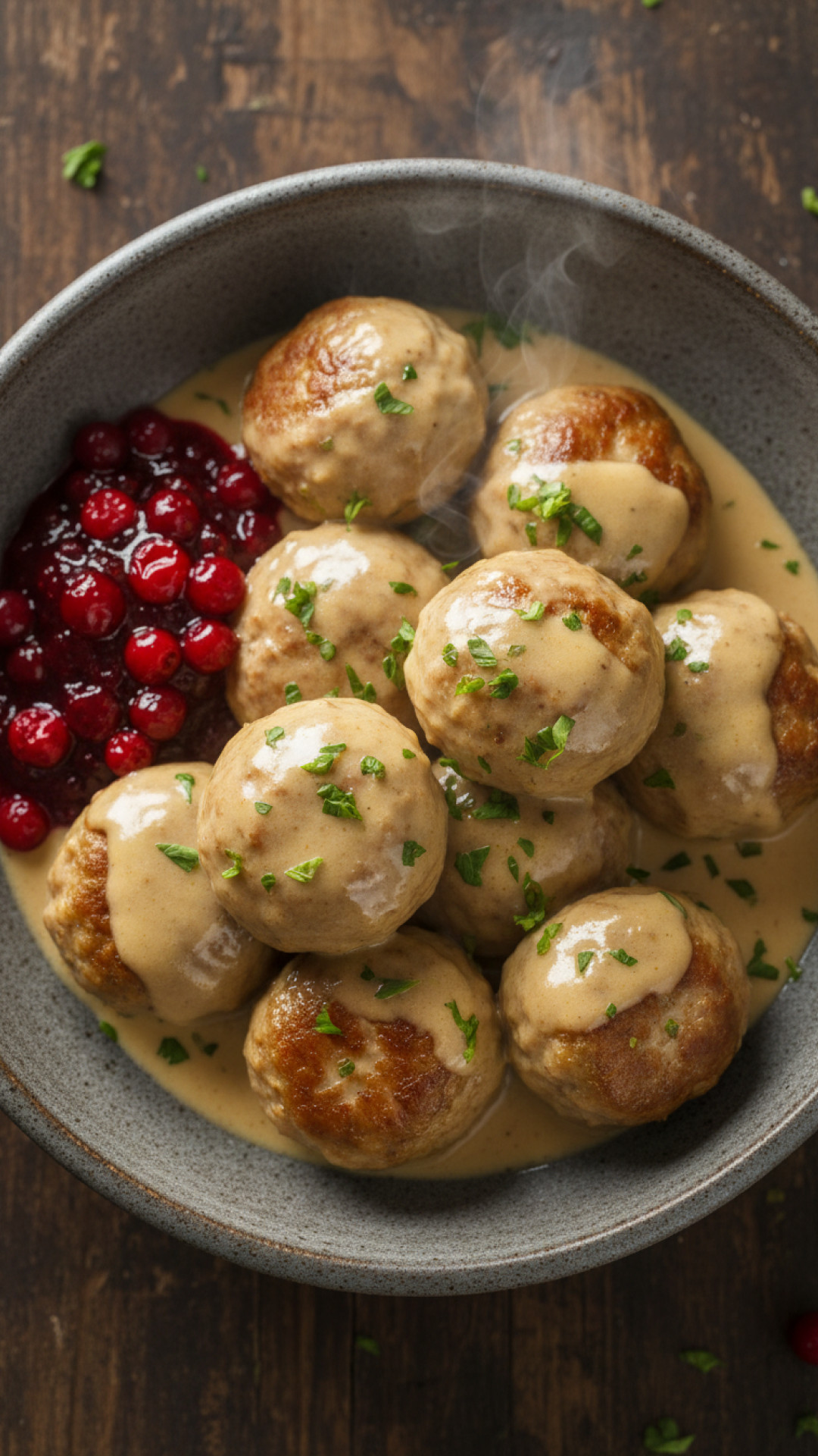 Schwedische Köttbullar Fleischbällchen mit Preiselbeeren und Sahnesauce Preparation