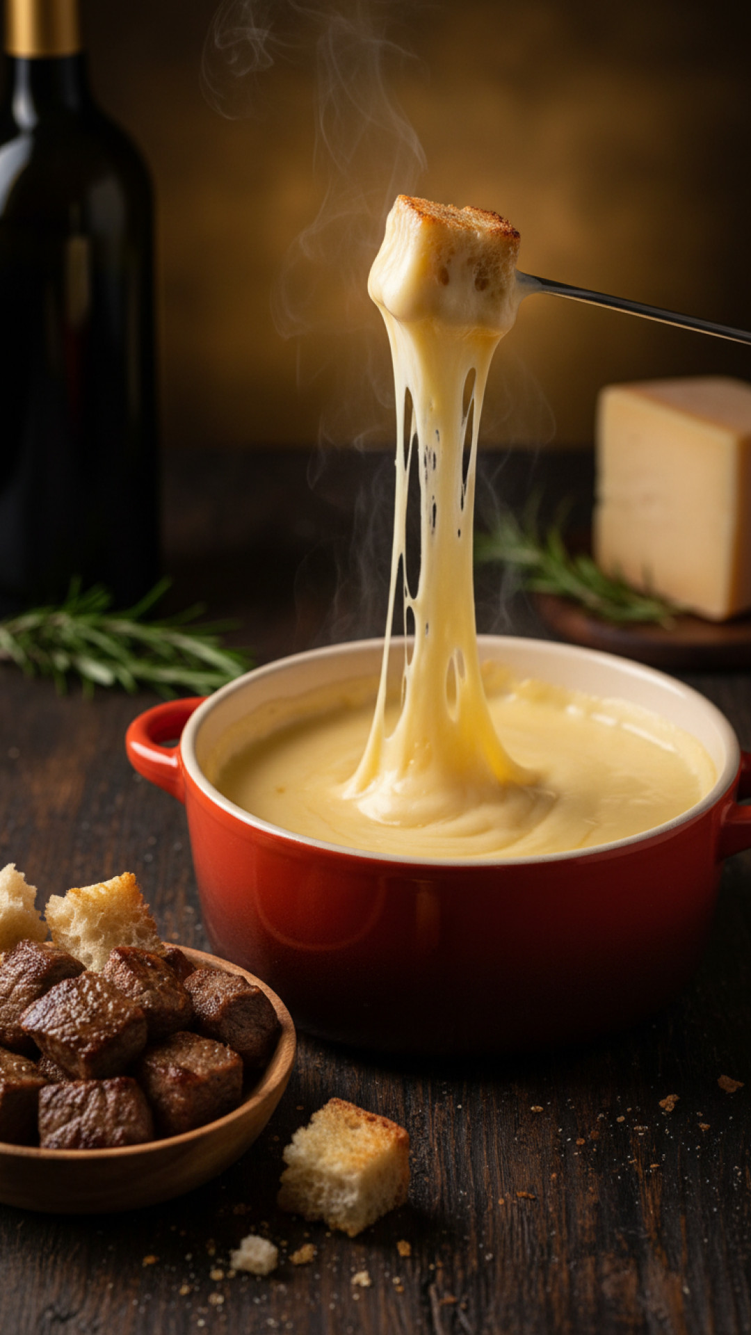 Schweizer Käsefondue mit Rindfleischwürfeln und Brot Preparation