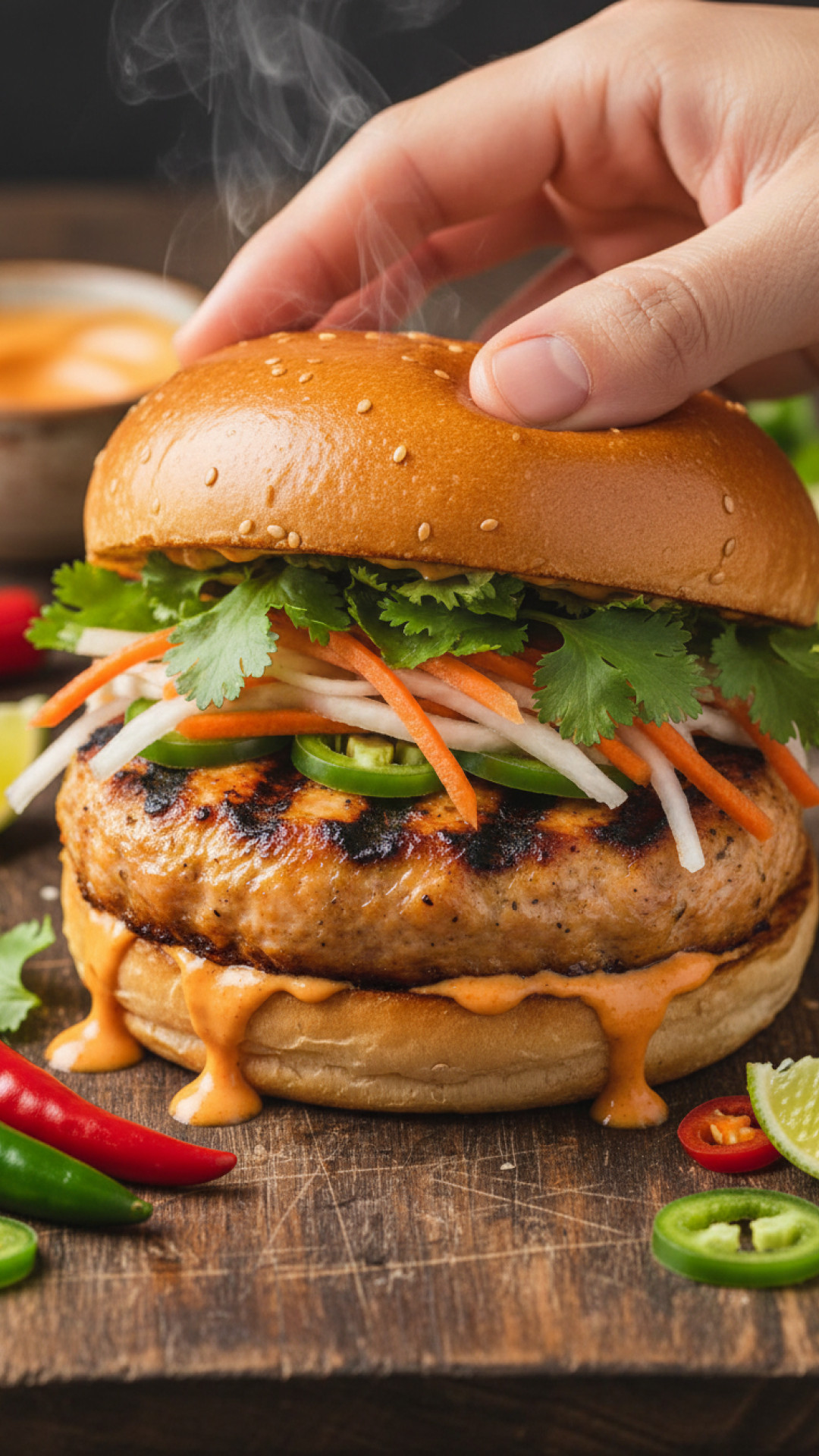Selbstgemachte Hähnchen Burger mit Sriracha Mayo Preparation