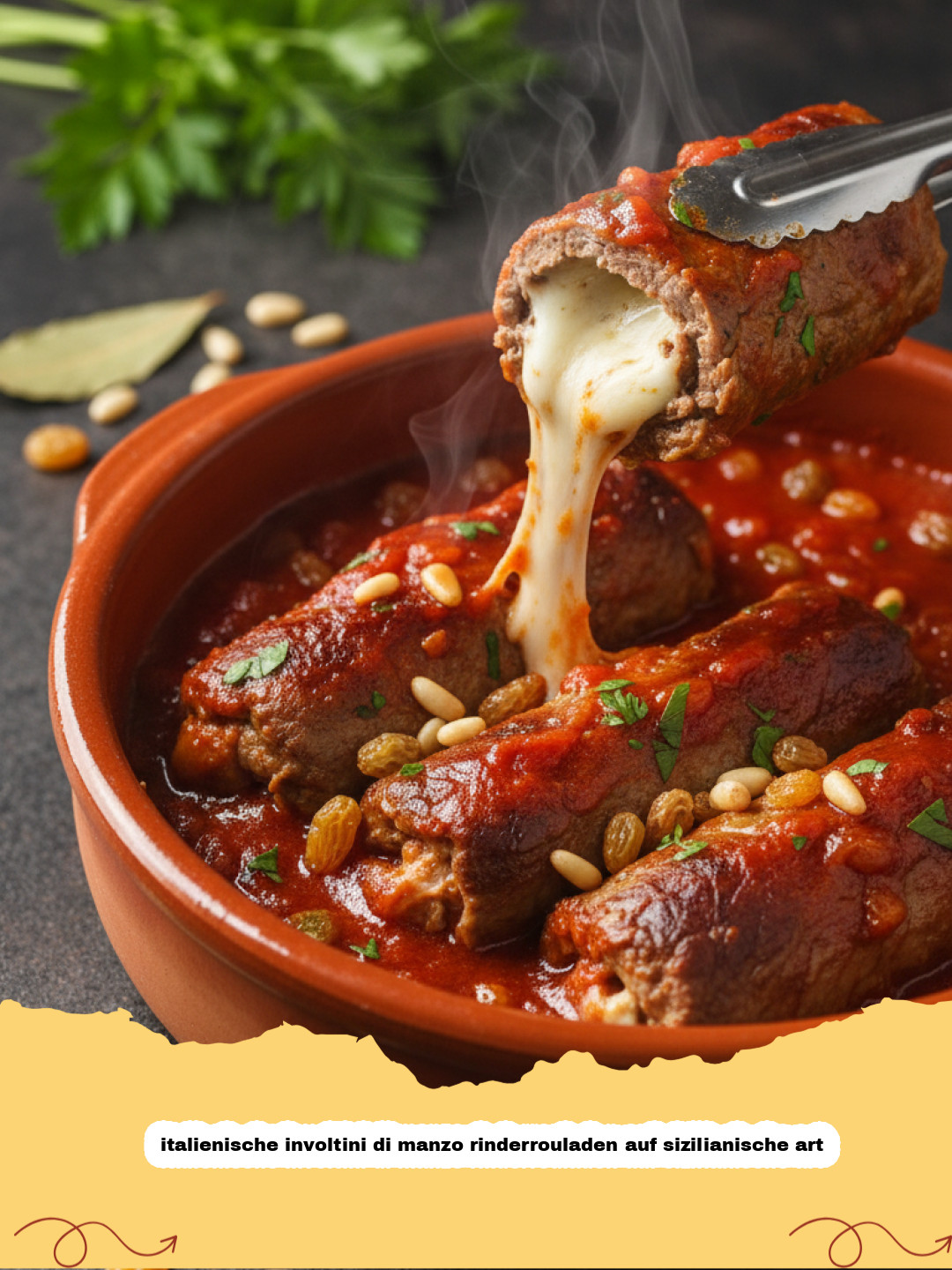 Original Italienische Involtini di Manzo: Sizilianische Rinderrouladen mit Pinienkernen und Rosinen