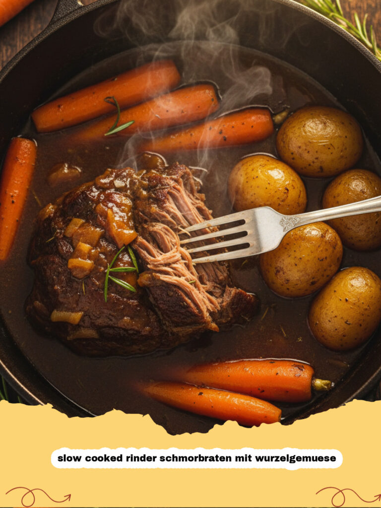 slow cooked rinder schmorbraten mit wurzelgemuese - Ein appetitlicher slow cooked Rinder Schmorbraten mit Wurzelgemüse, angerichtet auf einem Teller mit Kräutern.