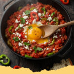 tuerkisches menemen mit paprika und feta - Frisch zubereitetes türkisches Menemen mit Paprika, Feta und Spiegeleiern in einer Pfanne, garniert mit frischer Petersilie.