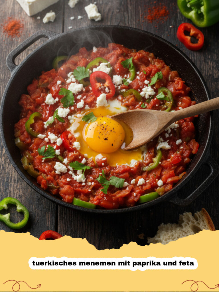 tuerkisches menemen mit paprika und feta - Frisch zubereitetes türkisches Menemen mit Paprika, Feta und Spiegeleiern in einer Pfanne, garniert mit frischer Petersilie.