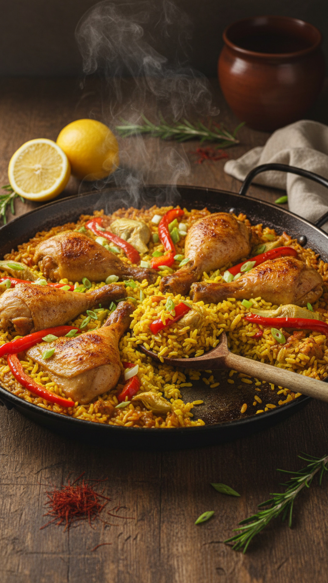 Spanische Hühner Paella Art mit Gemüse und Safran Preparation