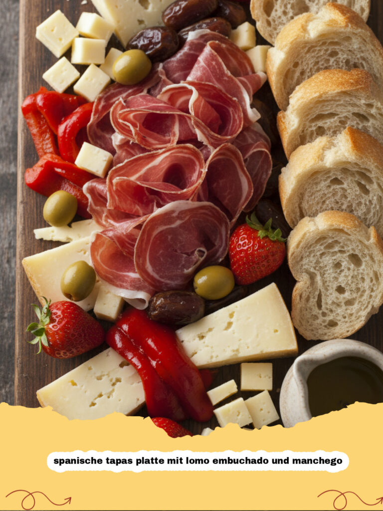 spanische tapas platte mit lomo embuchado und manchego - Eine reichhaltig gedeckte spanische Tapas Platte mit Lomo Embuchado, Manchego, Oliven und Pimientos de Padrón.