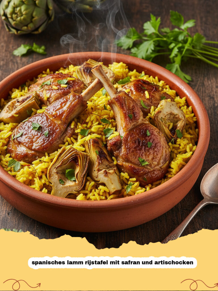 spanisches lamm rijstafel mit safran und artischocken - Spanisches Lamm Rijstafel mit goldenem Safranreis und Artischocken auf einer Servierplatte