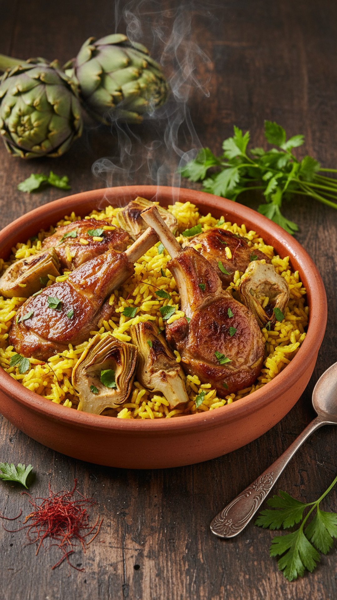 Spanisches Lamm Rijstafel mit Safran und Artischocken Preparation