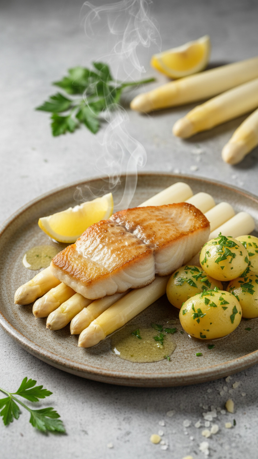 Steinbutt auf Spargel mit Petersilienkartoffeln Preparation