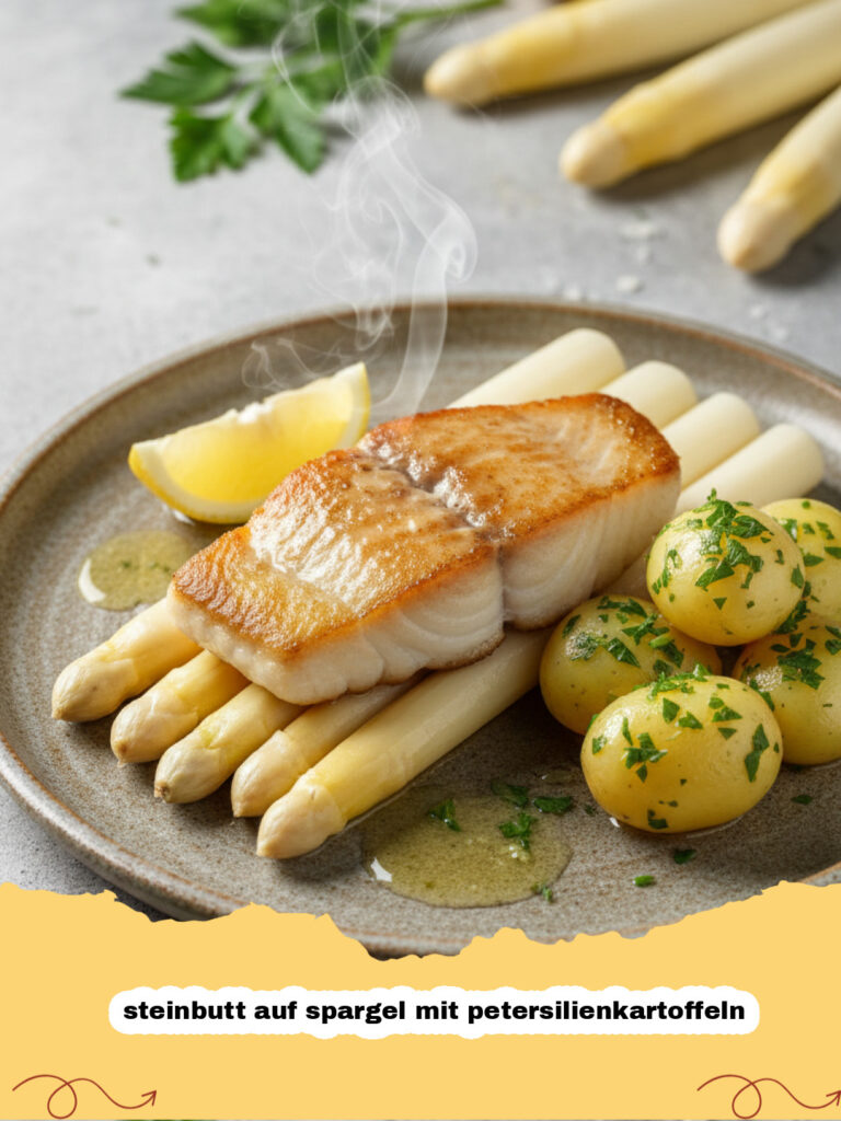 steinbutt auf spargel mit petersilienkartoffeln - Edler Steinbutt auf weißem Spargel mit goldgelben Petersilienkartoffeln angerichtet