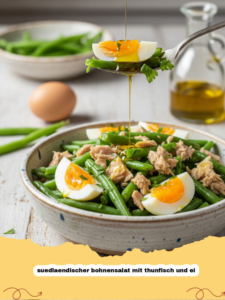 suedlaendischer bohnensalat mit thunfisch und ei - Ein appetitlicher südlandischer Bohnensalat mit Thunfisch und Ei in einer großen weißen Schüssel, garniert mit frischer Petersilie.