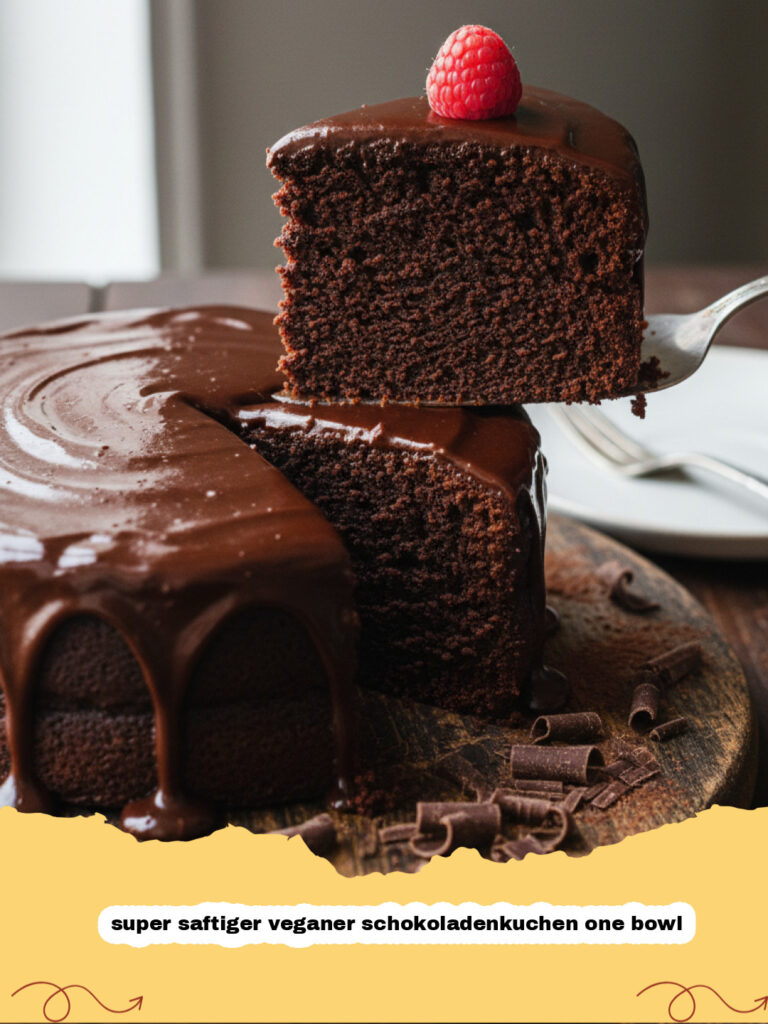 super saftiger veganer schokoladenkuchen one bowl - Ein großes Stück super saftiger veganer Schokoladenkuchen One Bowl mit Puderzucker bestäubt auf einem Teller.