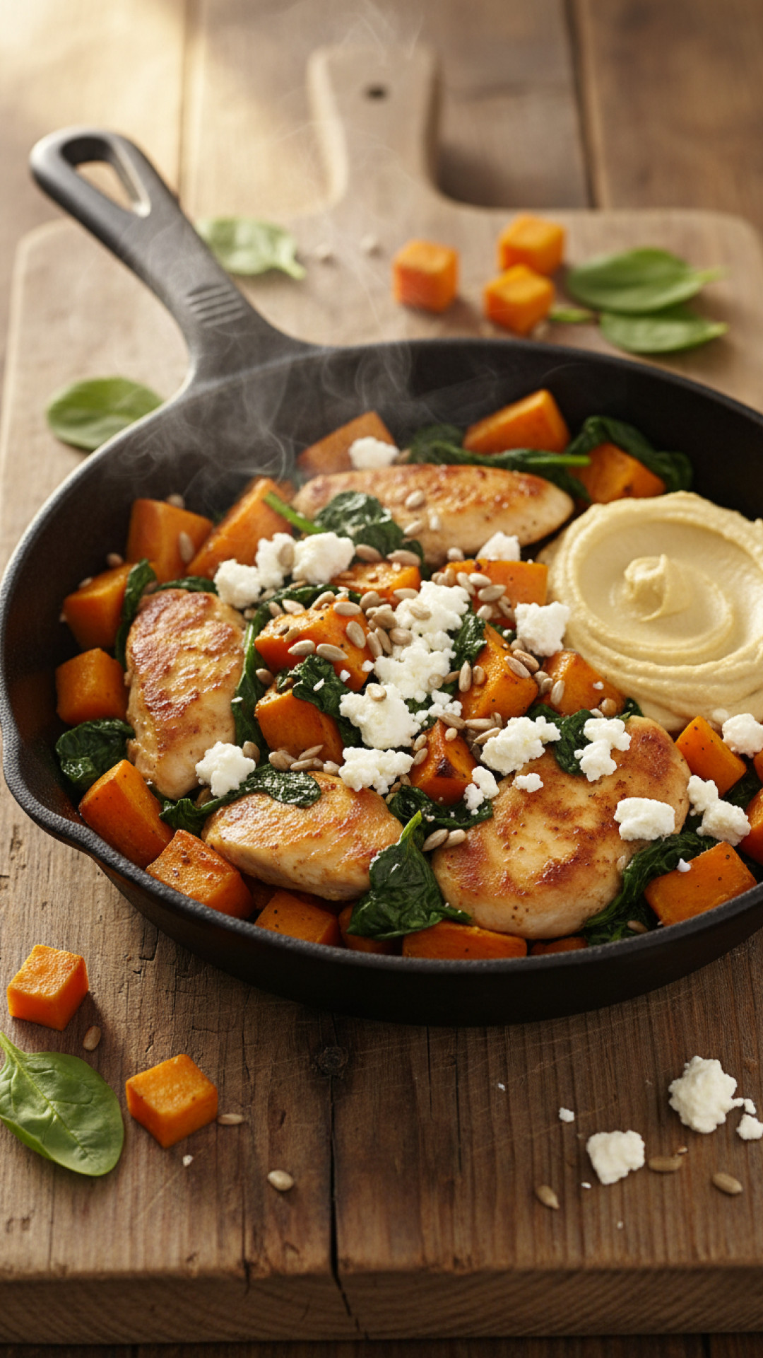 Süßkartoffel Hähnchen Skillet mit Spinat und Feta Preparation