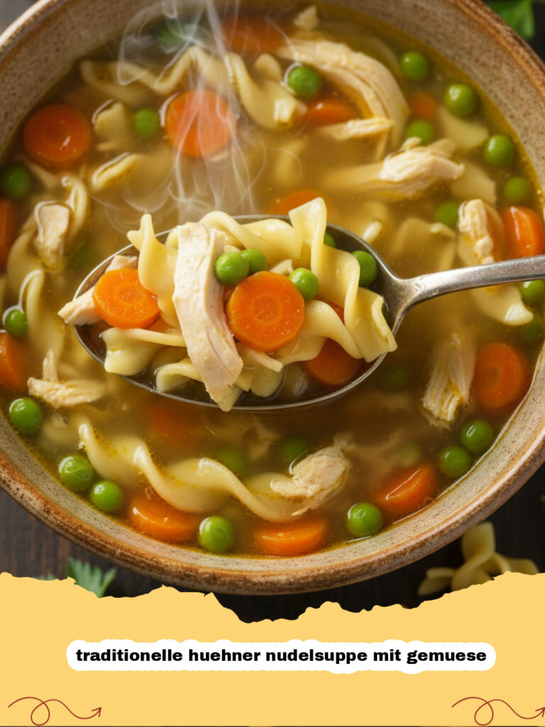 traditionelle huehner nudelsuppe mit gemuese - Eine dampfende Schüssel traditionelle Hühnernudelsuppe mit Gemüse, garniert mit frischer Petersilie.