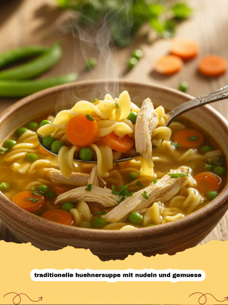 traditionelle huehnersuppe mit nudeln und gemuese - Eine Schale traditionelle Hühnersuppe mit Nudeln, Gemüse und frischer Petersilie