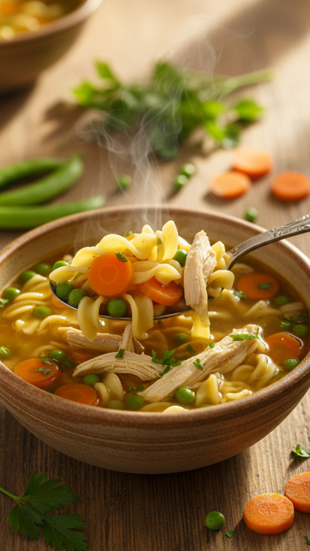 Traditionelle Hühnersuppe mit Nudeln und Gemüse Preparation