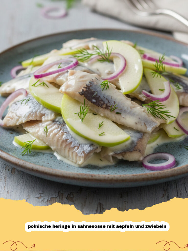 polnische heringe in sahnesosse mit aepfeln und zwiebeln - Schale mit polnischen Heringen in Sahnesoße mit Äpfeln und Zwiebeln, garniert mit Dill