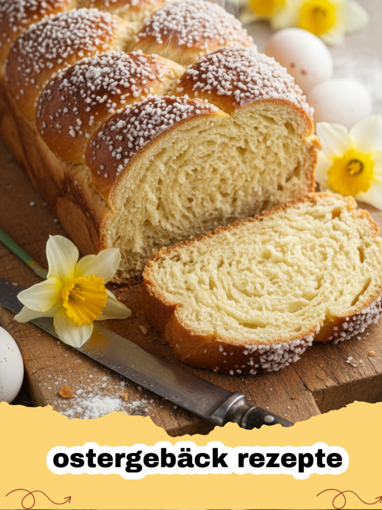 ostergebäck rezepte - Goldbrauner, geflochtener Hefezopf mit Mandelblättchen und Hagelzucker auf einem Holzbrett.