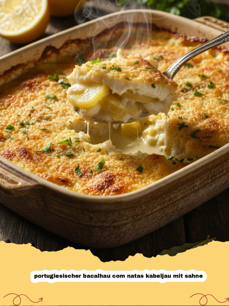 Ein goldbraun gebackener portugiesischer bacalhau com natas kabeljau mit sahne in einer weißen Auflaufform.