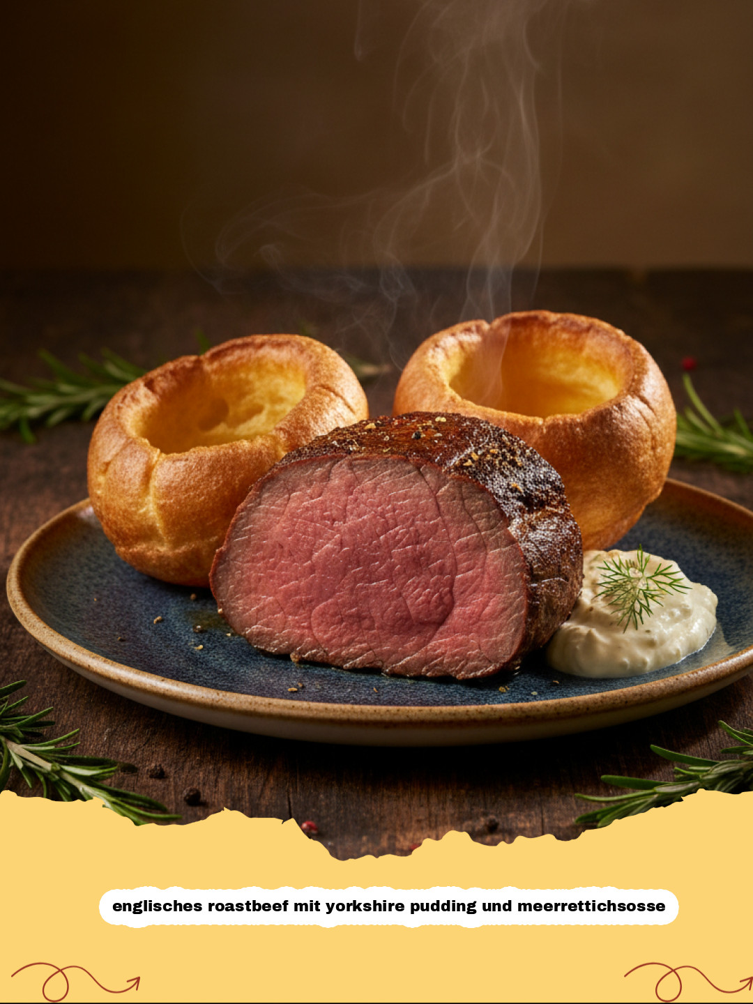 Klassisches englisches Roastbeef mit Yorkshire Pudding und Meerrettichsoße