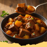 traditionelles rindergulasch mit kartoffeln - Ein dampfendes traditionelles Rindergulasch mit Kartoffeln in einer rustikalen Schale, garniert mit Petersilie.