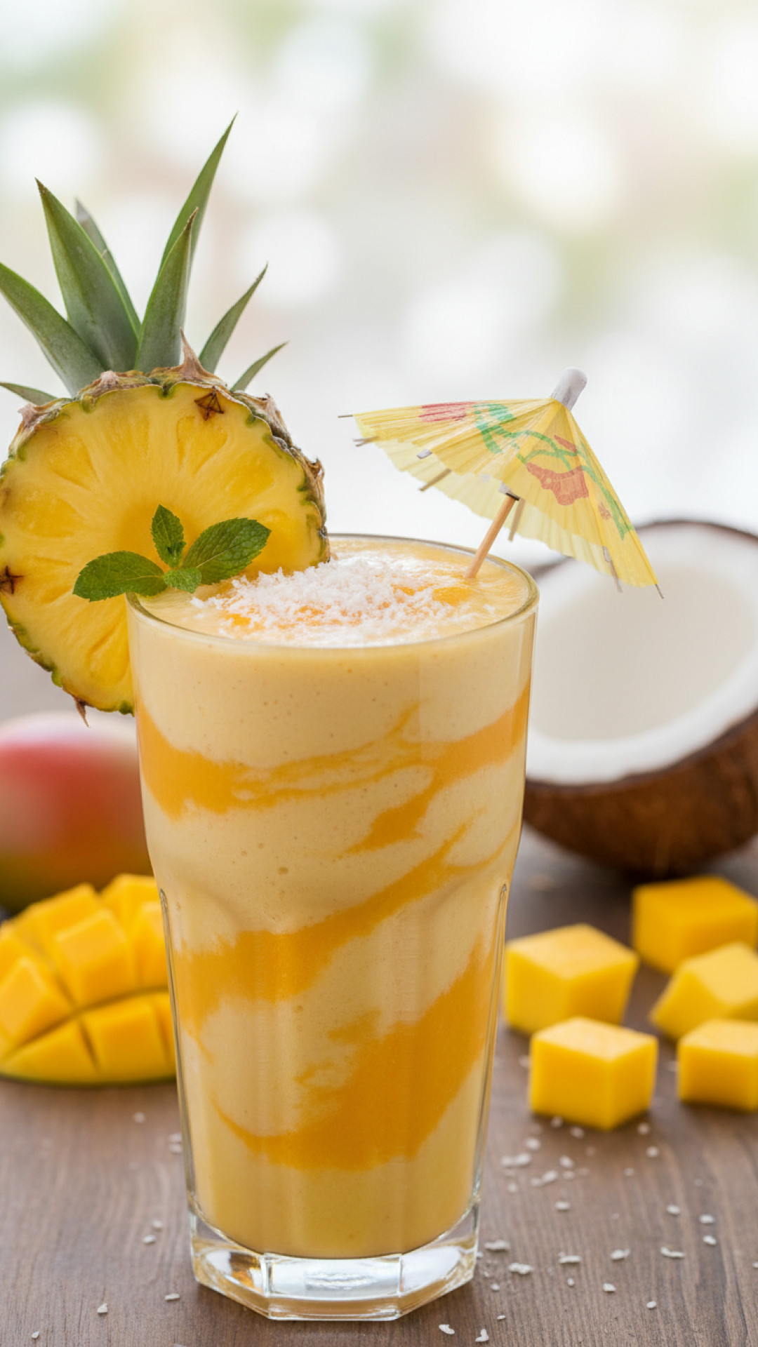Tropischer Smoothie mit Mango, Ananas und Kokosmilch Preparation