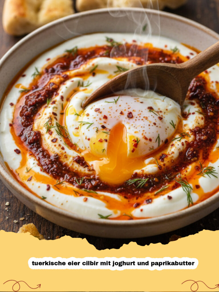 tuerkische eier cilbir mit joghurt und paprikabutter - Zwei Teller mit Türkische Eier Çılbır mit Joghurt und Paprikabutter, garniert mit frischer Minze und Brot.