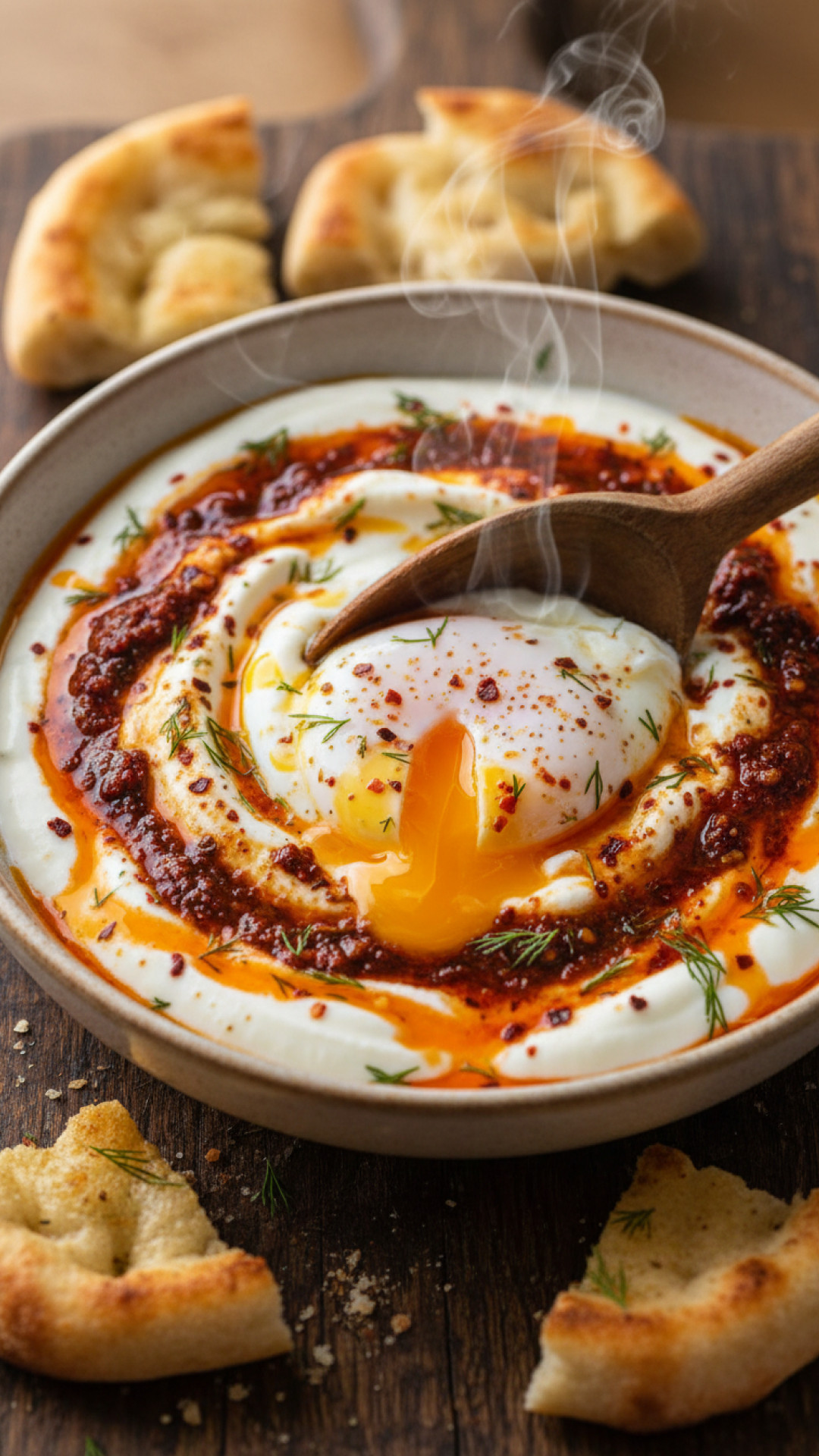 Türkische Eier Çılbır mit Joghurt und Paprikabutter Preparation