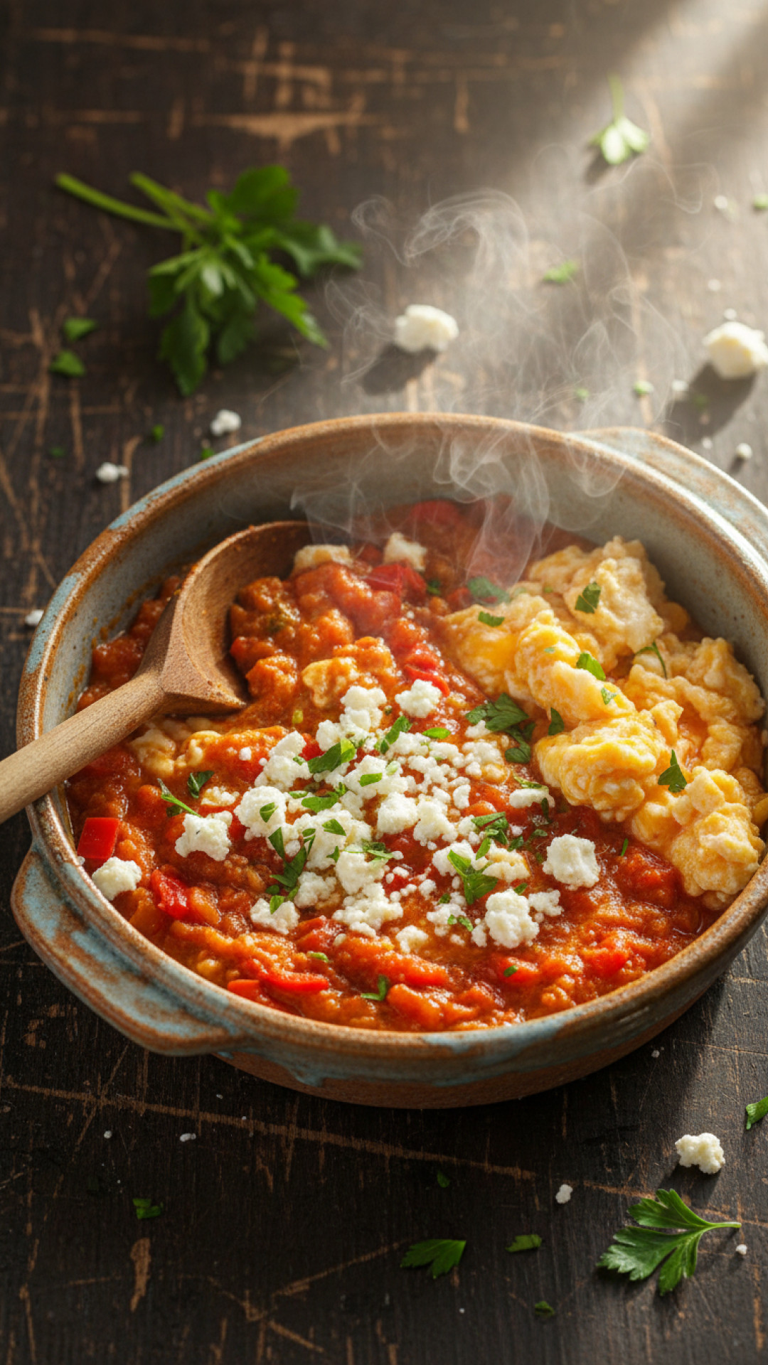 Türkische Frühstücks Bowl mit Menemen und Käse Preparation