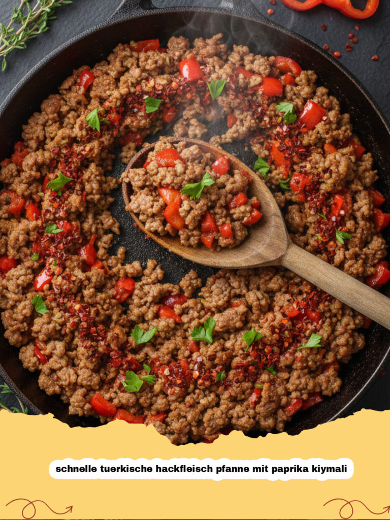 schnelle tuerkische hackfleisch pfanne mit paprika kiymali - Nahaufnahme einer schnellen türkischen Hackfleischpfanne mit Paprika und Kräutern in einer großen Pfanne, serviert mit Reis
