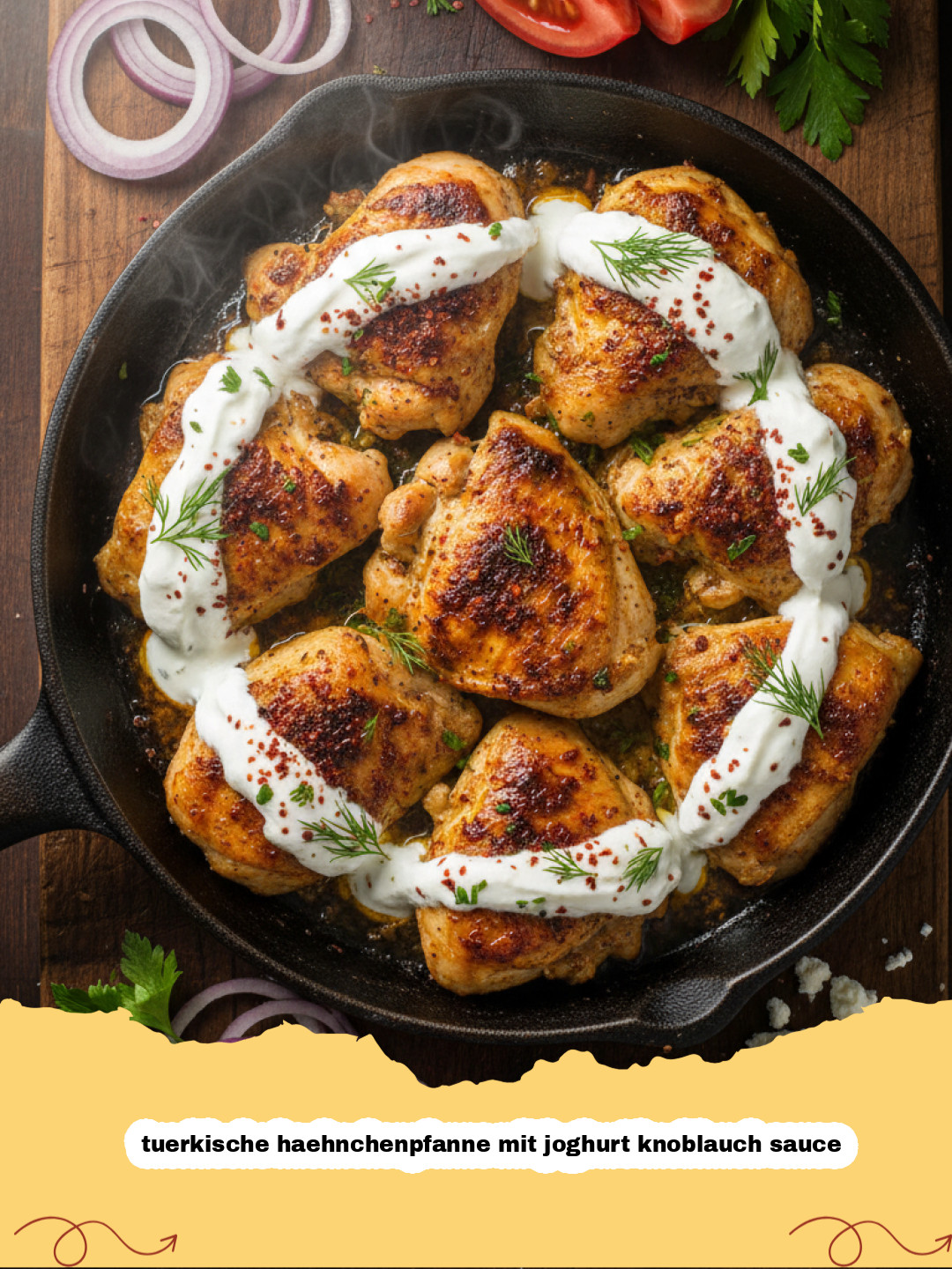 tuerkische haehnchenpfanne mit joghurt knoblauch sauce - Türkische Hähnchenpfanne mit cremiger Joghurt-Knoblauch-Sauce, Paprika und Kräutern, serviert mit Reis