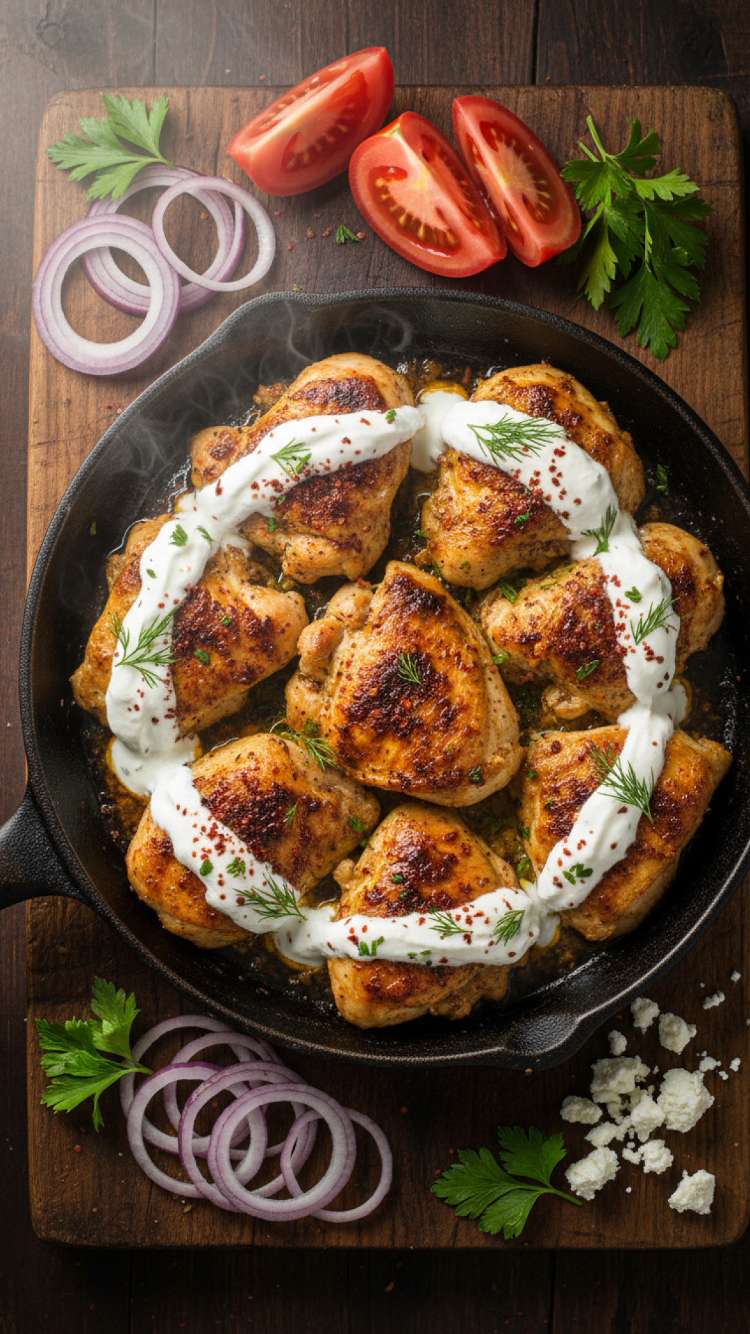 Türkische Hähnchenpfanne mit Joghurt-Knoblauch-Sauce Preparation