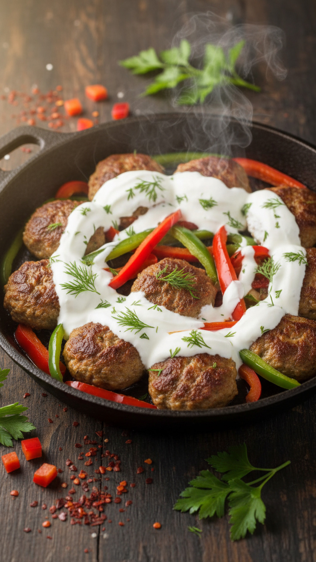 Türkische Köfte Pfanne mit Paprika und Joghurtsoße Preparation