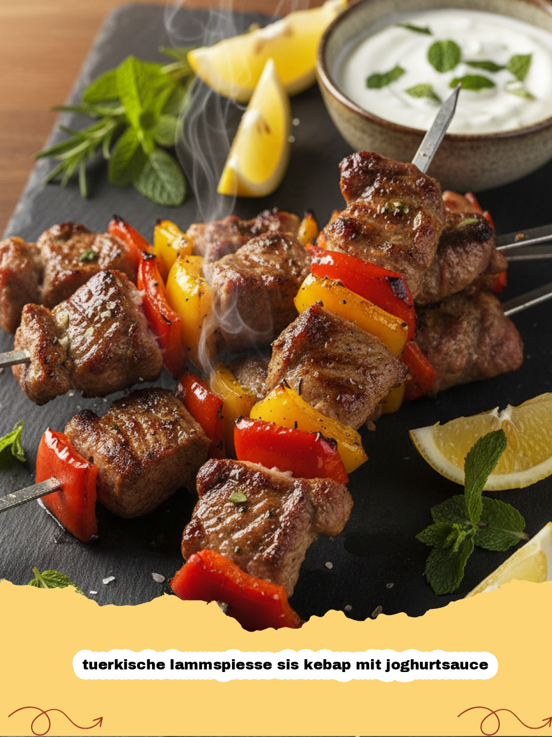 tuerkische lammspiesse sis kebap mit joghurtsauce - Türkische Lammspieße (Şiş Kebap) mit cremiger Joghurtsauce und frischen Kräutern, auf Holzspießen angerichtet.