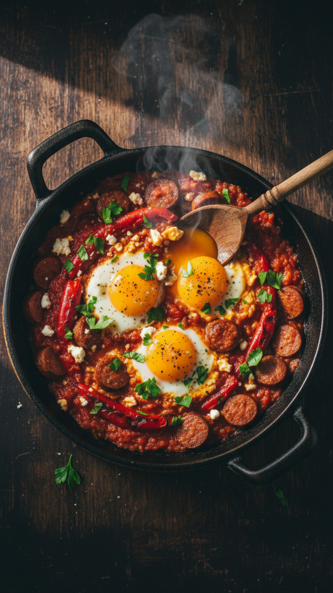 Türkische Menemen mit Hähnchenwurst und Paprika Preparation