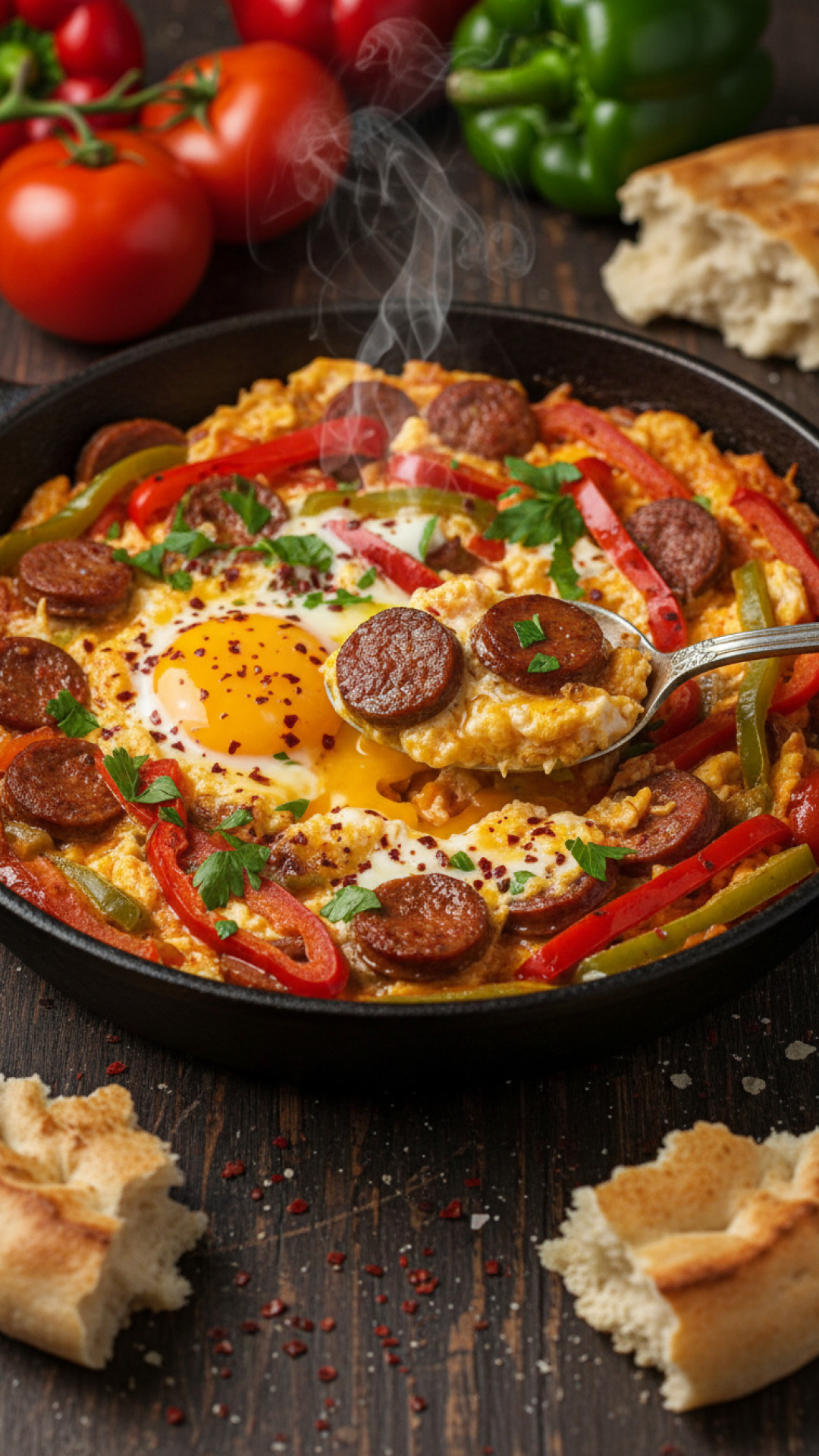Türkische Menemen mit Rindfleischwurst und Paprika Preparation