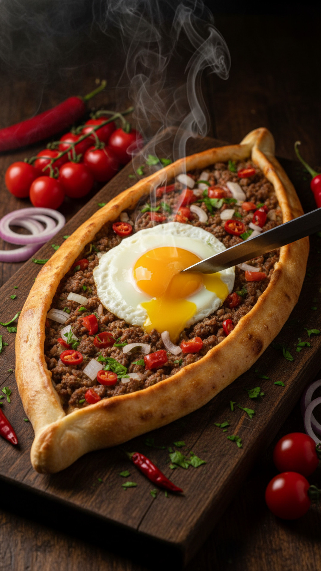 Türkisches Pide mit Ei und Gemüse (Kiymali Yumurta) Preparation