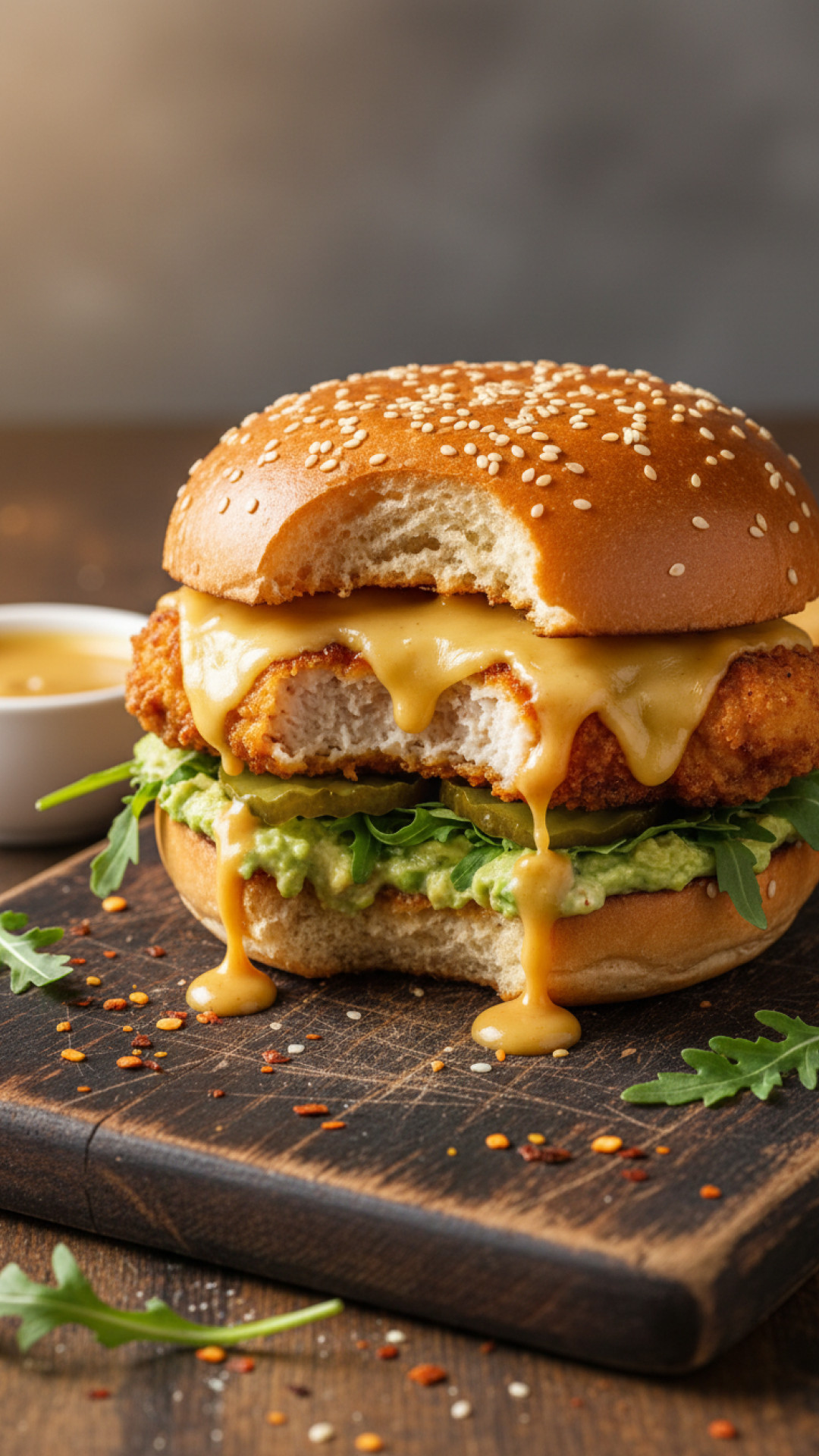 Ultimativer Crispy Chicken Burger mit Honig-Senf-Dressing Preparation