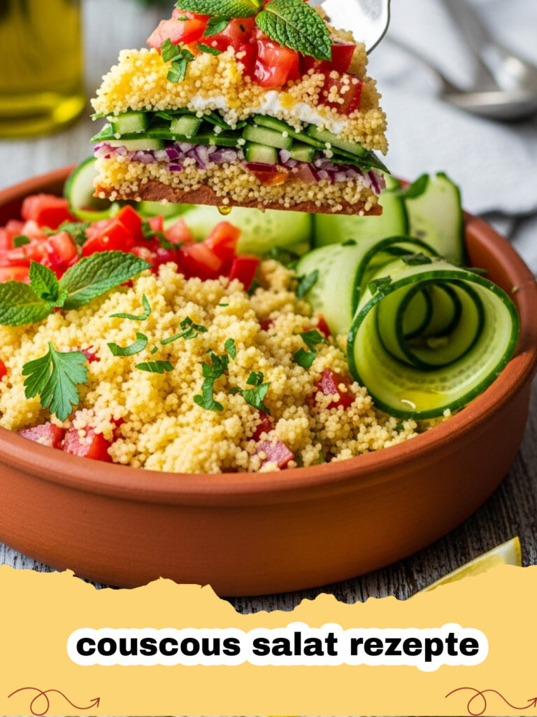 couscous salat rezepte - Ein frischer und bunter Couscous-Salat mit Minze, Feta und knackigem Gemüse in einer großen Schüssel.