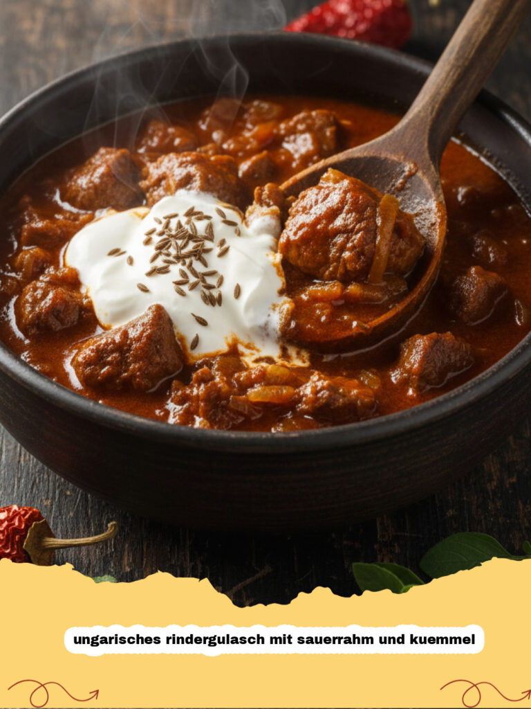 ungarisches rindergulasch mit sauerrahm und kuemmel - Ein Teller mit dampfendem ungarischem Rindergulasch mit Sauerrahm und Kümmel, serviert mit Spätzle.